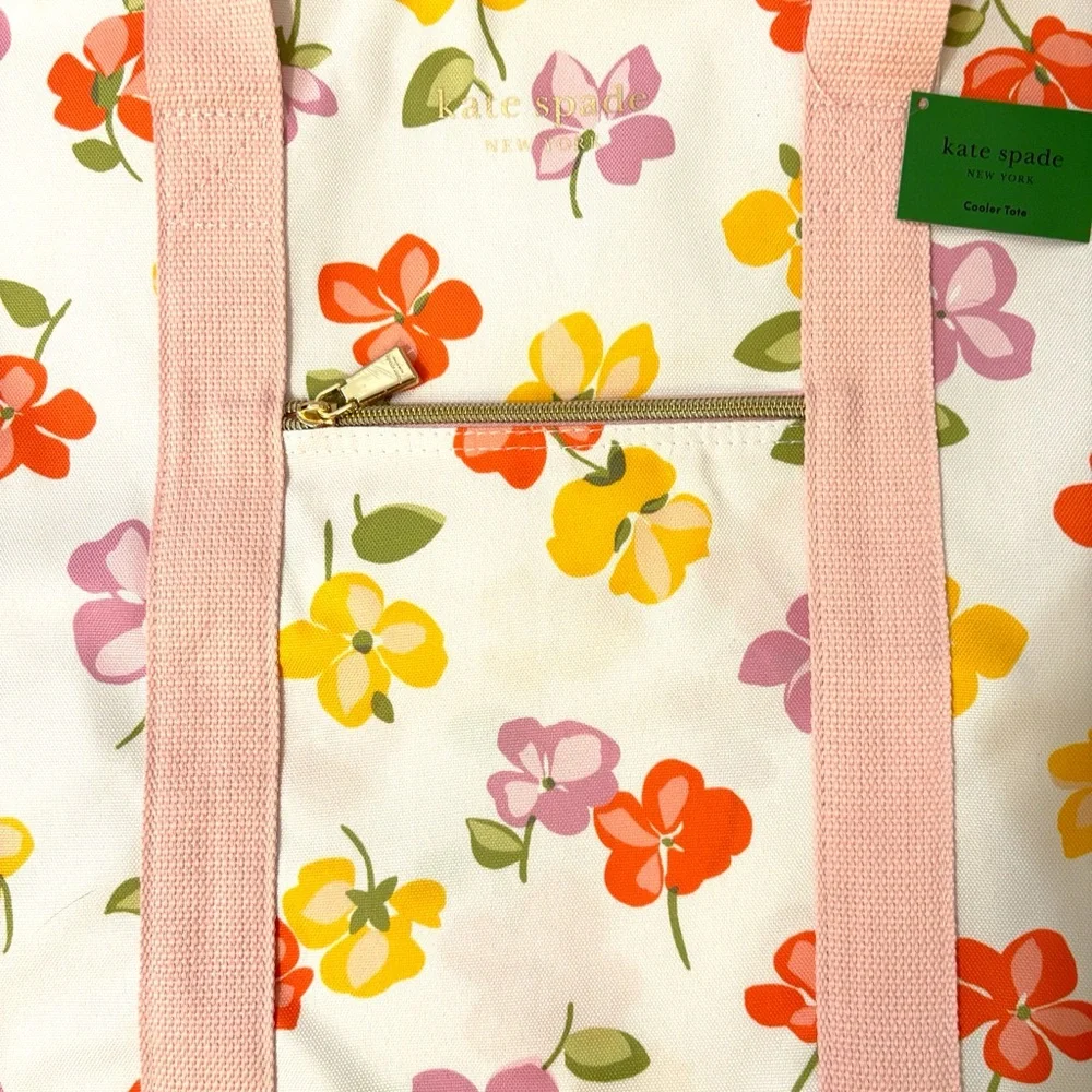 Kate Spade Cooler Tote Bag Spring Pansies Pink Pattern Zip Top 15.5 X 19.5 NWT